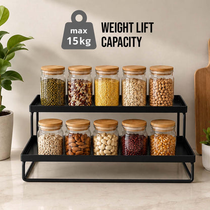 Image 4 of Go Hooked Metal Standing Rack 2-Tier Countertop Organizer | Spices Organizer | Bathroom Essentials | Vanity Storage | Decorative Use | Cosmetic Makeup Storage (Black, Pack of 1)
