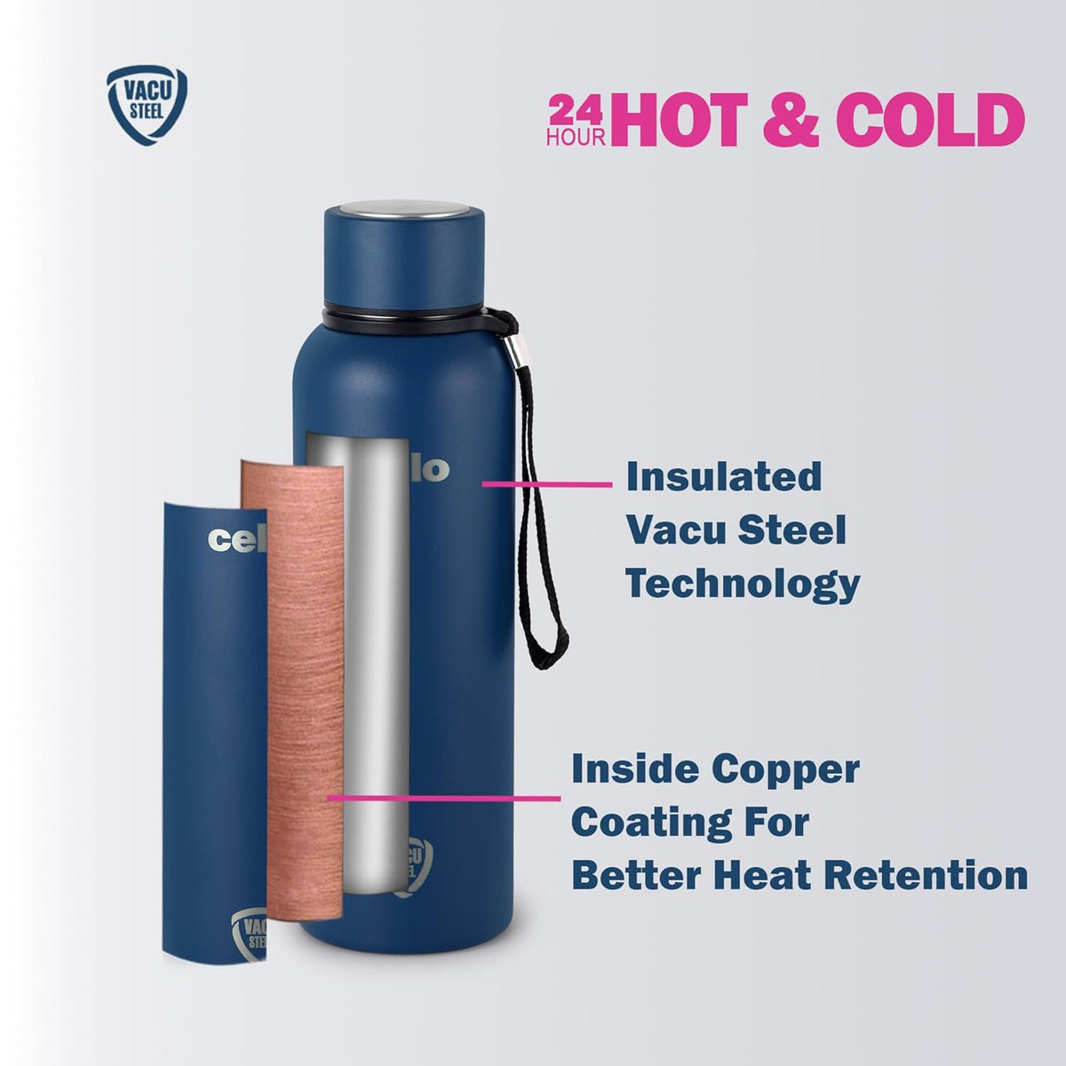 Image 4 of CELLO Duro Kent Insulated Stainless Steel Flask Water Bottle for Daily Use 750 ml, Dark Blue