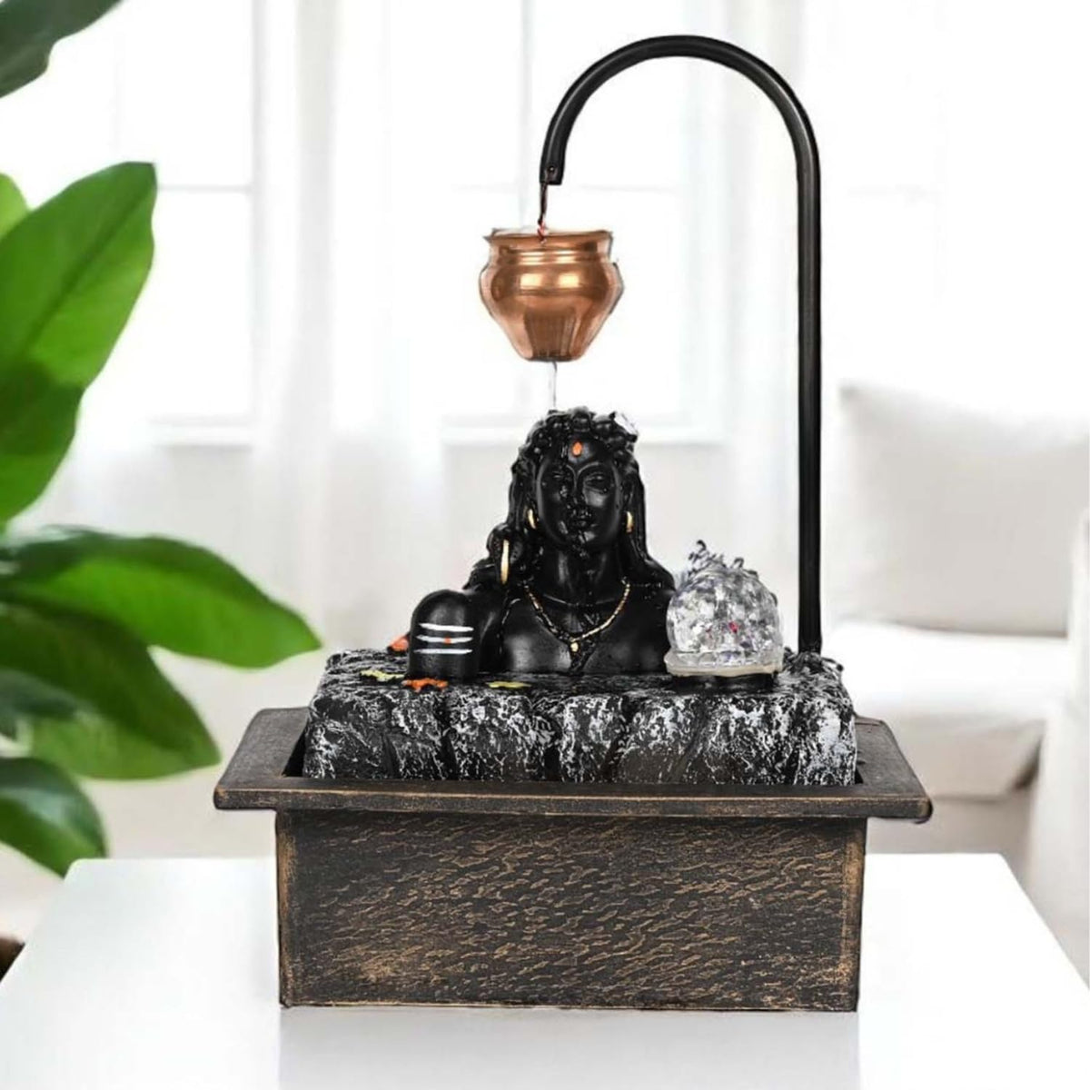 Image 2 of Default Title for the product Go Hooked BIANCO Lord Shiva Table-Top Water Fountain with LED Crystal Ball & Real Copper Kalash Drip 19 Inch | Indoor Polyresin Waterfall for Home Décor, Meditation, Vastu & Gift Silent Electric Pump
