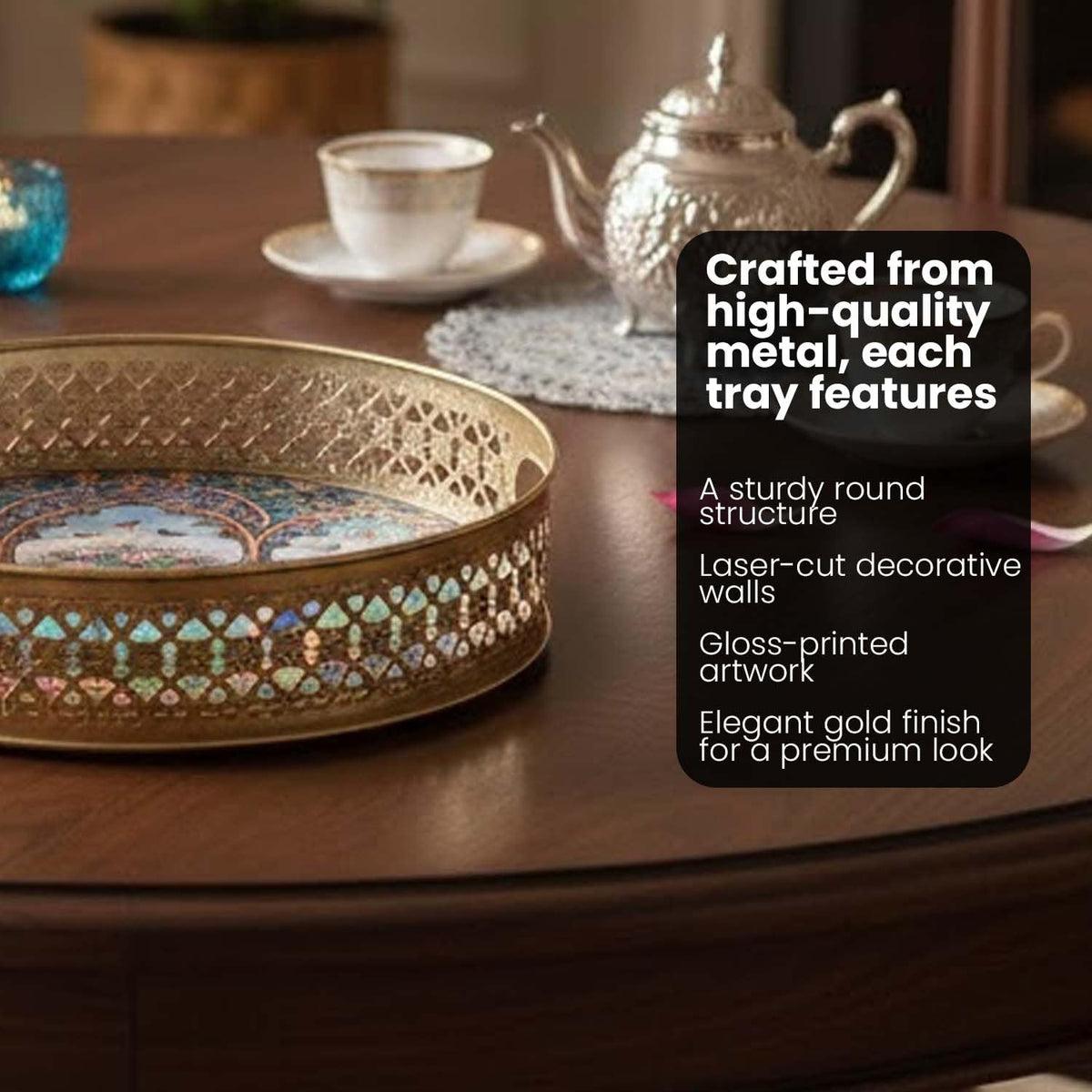 Image 2 of Go Hooked Decorative Metal Tray Set of 2 | Peacock Art Decorative Round Tray for Home Décor, Coffee Table Styling, Romantic Valentine Gift, Luxury Accent Display for Living Room & Bedroom Gold Finish