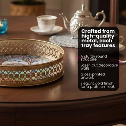 Image 2 of Go Hooked Decorative Metal Tray Set of 2 | Peacock Art Decorative Round Tray for Home Décor, Coffee Table Styling, Romantic Valentine Gift, Luxury Accent Display for Living Room & Bedroom Gold Finish