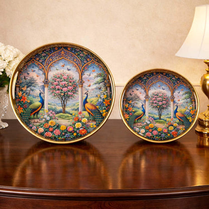 Image 1 of Default Title for the product Go Hooked Decorative Metal Tray Set of 2 | Peacock Art Decorative Round Tray for Home Décor, Coffee Table Styling, Romantic Valentine Gift, Luxury Accent Display for Living Room & Bedroom Gold Finish