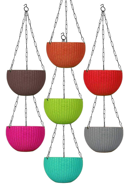Image 1 of Default Title for the product Go Hooked 7.1" Plastic Rattan Hanging Basket/Hanging Pots with Metal Hanging Chain/Multicolored Hanging Planters- Set of 7 (Flowers Not Included)