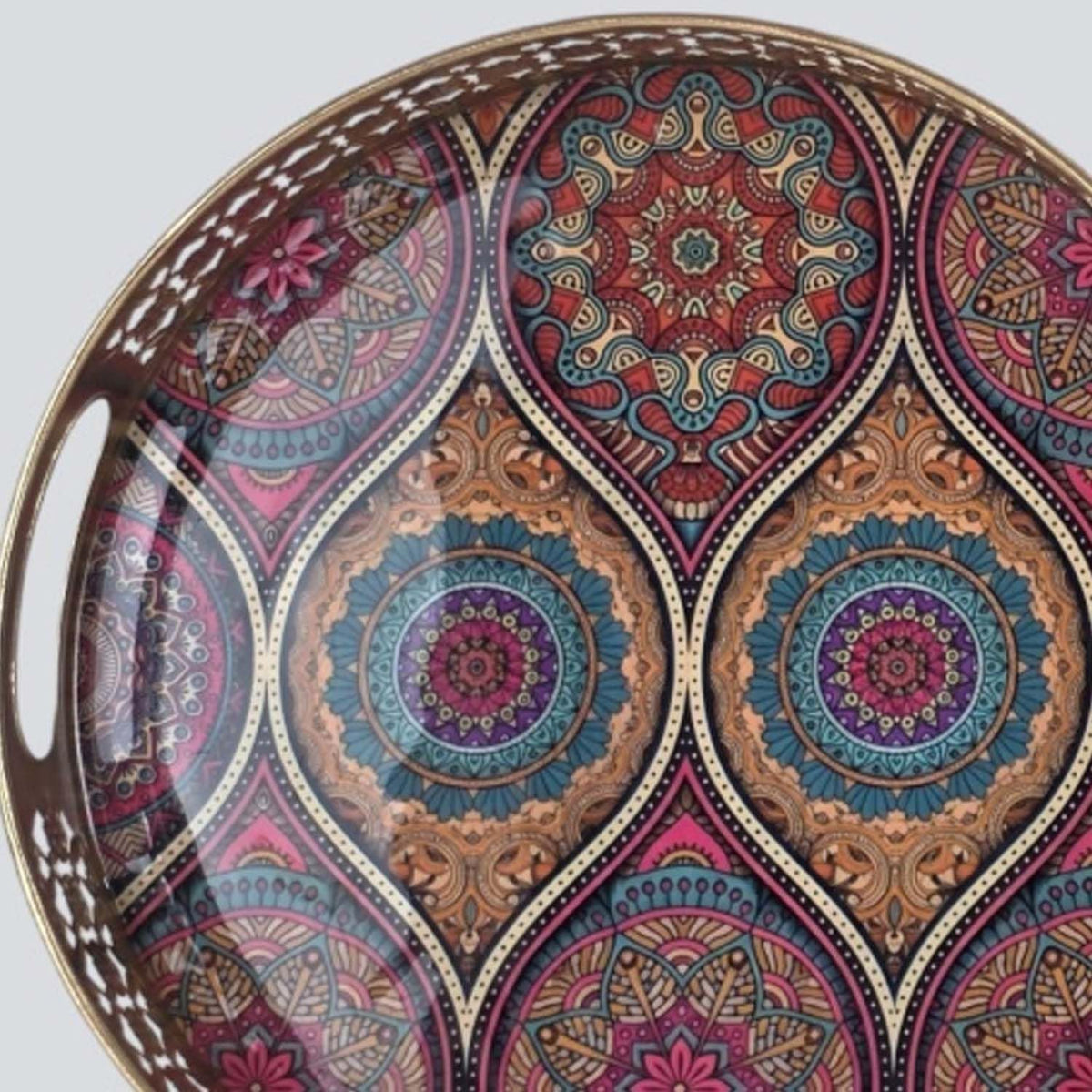 Image 3 of Go Hooked Gold Metal Decorative Tray Set of 2 | Round Mandala Pattern Accent Trays for Home Décor, Festive Styling, Luxury Display for Living Room, Bedroom & Entryway (8/10 Inch)