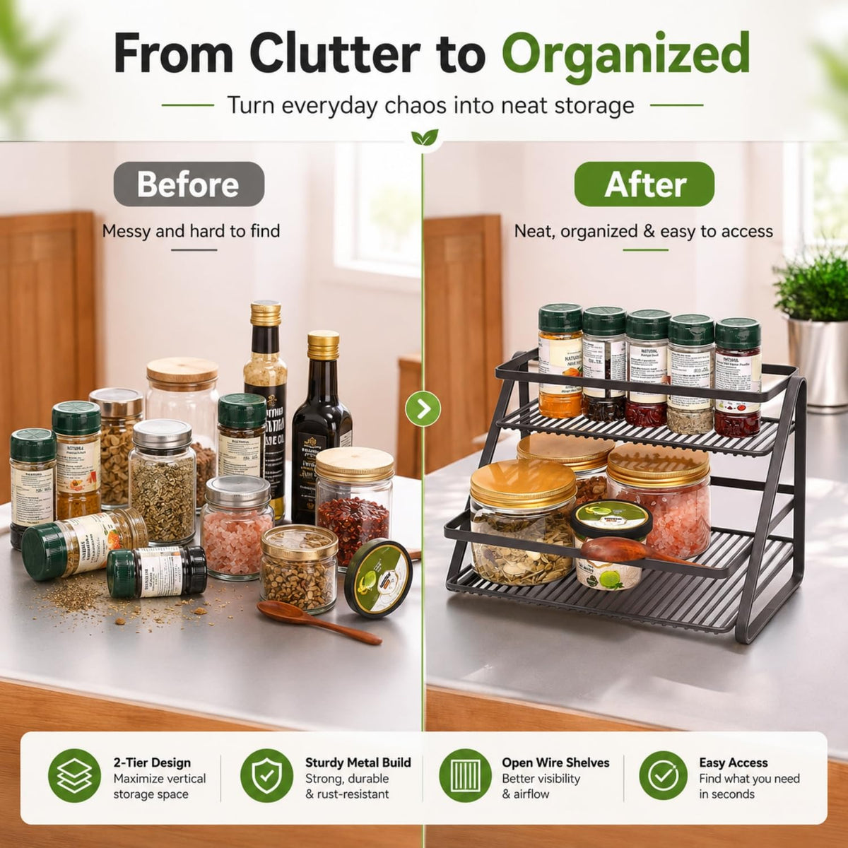 Image 3 of Go Hooked 2 Tier Countertop Organizer Rack for Kitchen, Bathroom & Vanity | Metal Spice Rack for Countertop, Cabinet & Pantry | Makeup & Cosmetic Organizer | Coffee Bar & Desk Storage Stand