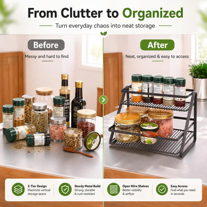 Image 3 of Go Hooked 2 Tier Countertop Organizer Rack for Kitchen, Bathroom & Vanity | Metal Spice Rack for Countertop, Cabinet & Pantry | Makeup & Cosmetic Organizer | Coffee Bar & Desk Storage Stand