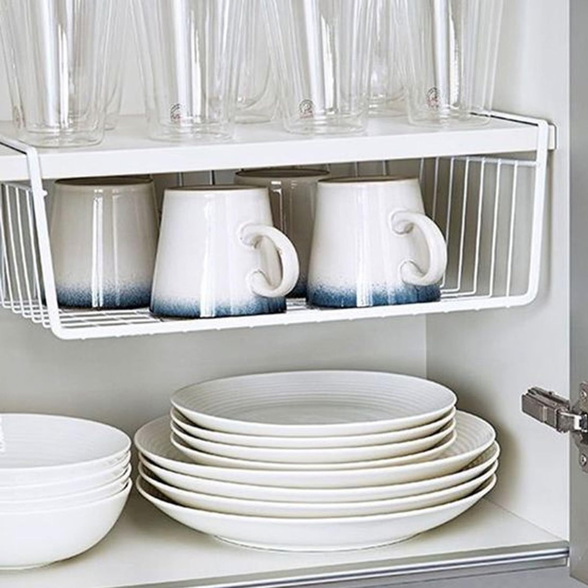 Image 2 of Go Hooked 16 Inch Undershelf Storage Basket Pack of 2 | Multipurpose Under Shelf Organizer | Hanging Wire Basket for Cabinet, Shelf, Cupboard, Pantry, Closet, Desk, and Bathroom (White)