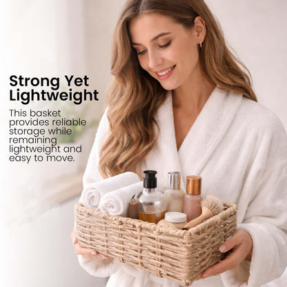 Image 4 of Go Hooked Handwoven Water Hyacinth Raffia Storage Basket 12 Inch | Natural Wicker Bathroom Organizer Basket for Towels, Toiletries & Shelf | Decorative Basket for Bathroom, Bedroom, Home & Office
