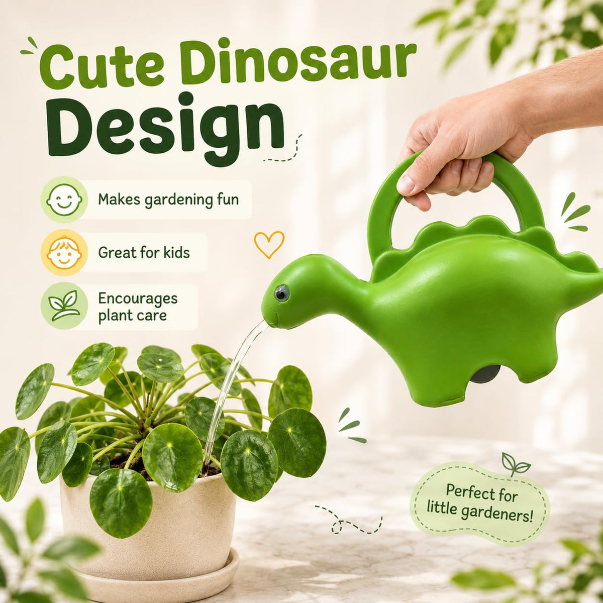 Image 5 of Go Hooked Plastic Dinosaur Shape 1 Liter Kids Watering Can for House Plants & Garden Plants Roar Some Gardening Dino Shaped Delight Garden Time Travel (Pack of 1, Green, 1 Liter)