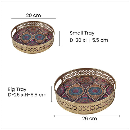 Image 4 of Go Hooked Gold Metal Decorative Tray Set of 2 | Round Mandala Pattern Accent Trays for Home Décor, Festive Styling, Luxury Display for Living Room, Bedroom & Entryway (8/10 Inch)