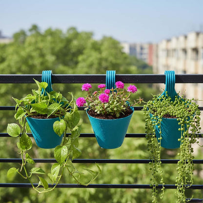Image 1 of Default Title for the product Go Hooked Plastic Hanging Planter for Plants, Railing Flower Pots, Pot Diameter (22 cm), Pot Height (17 cm) (Set of 3)(Blue)