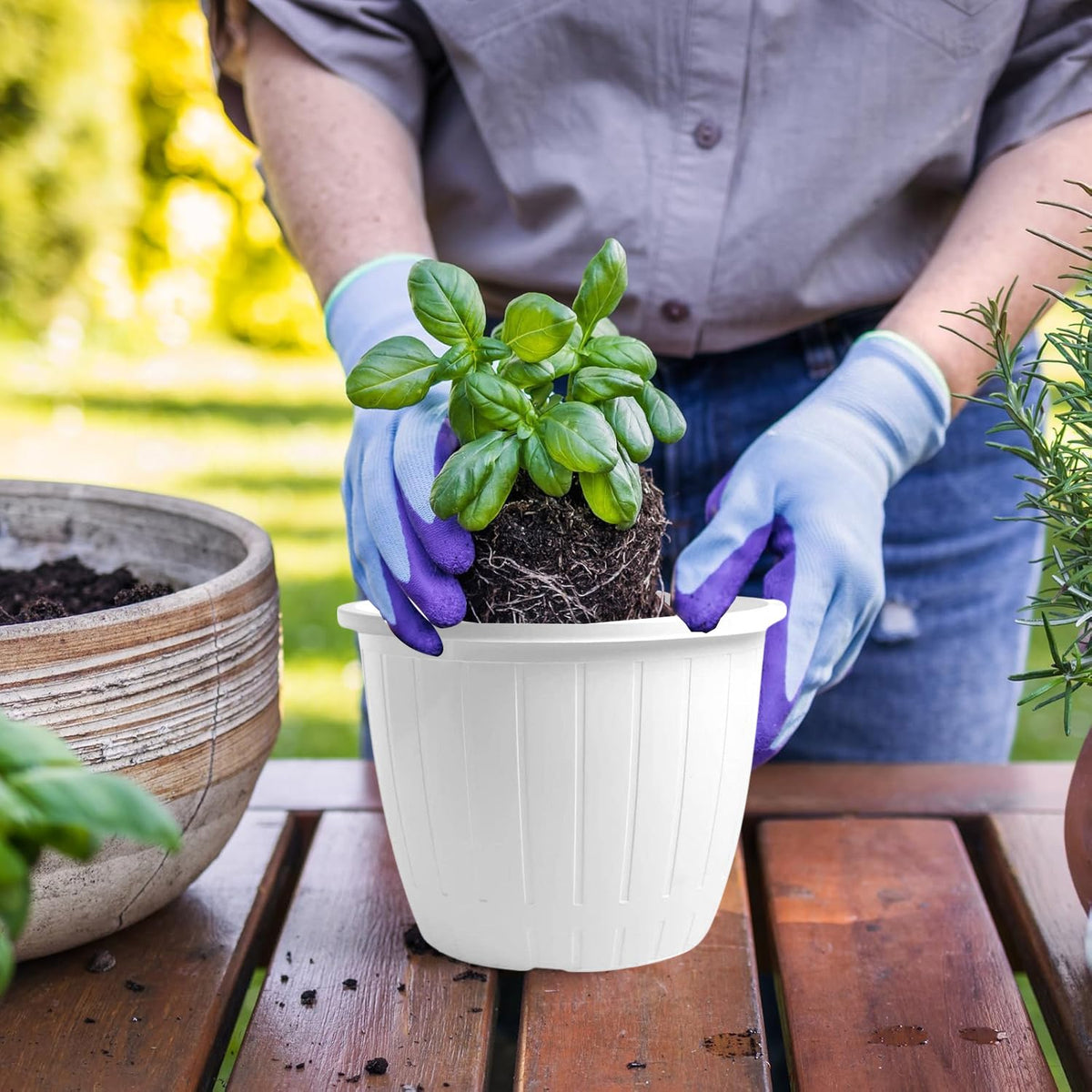 Image 5 of Go Hooked Go HookedPlastic Duro Flower Pot for Gardening, Indoor/Outdoor Planter-White (8 Inch)(Pack of 6 with Tray)