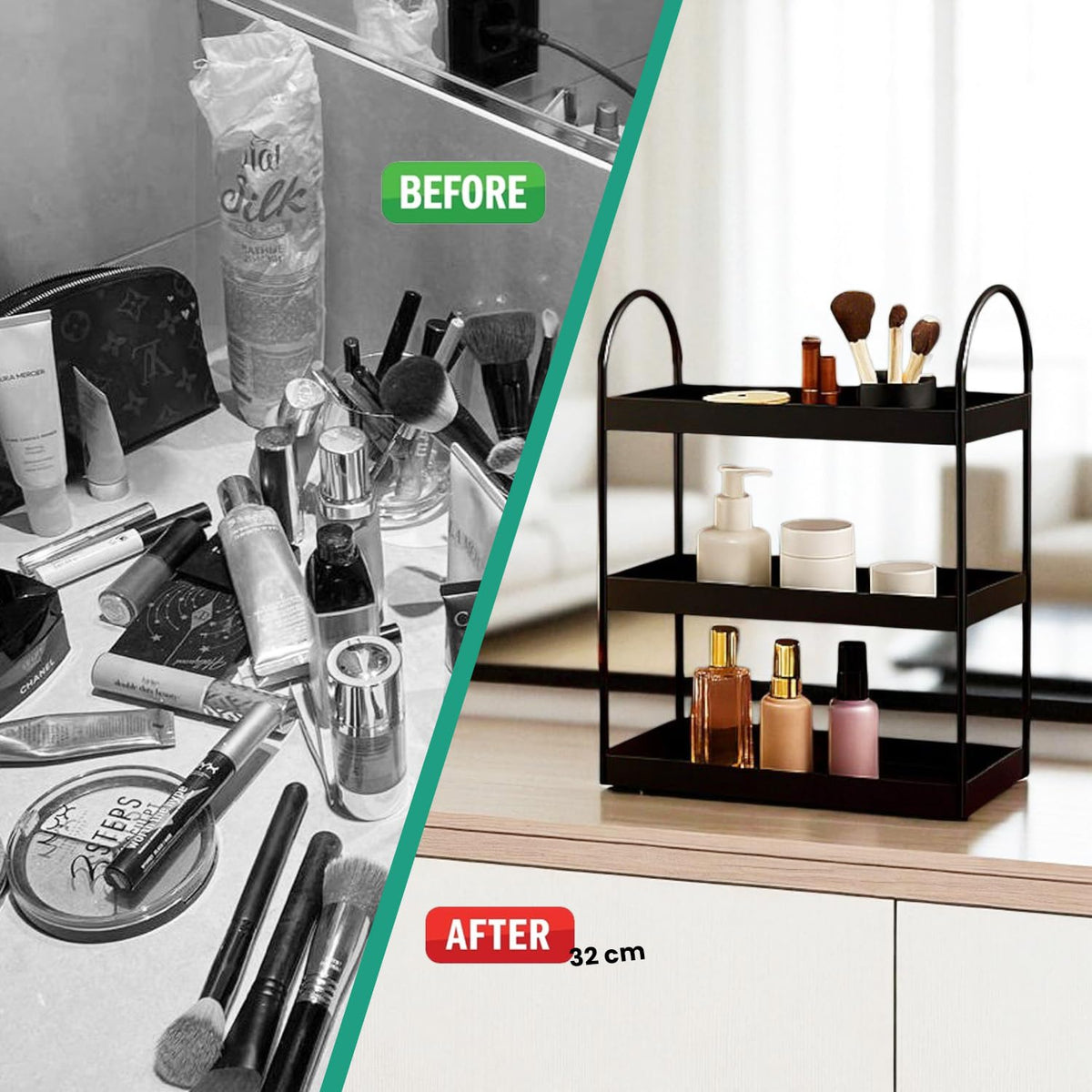 Image 5 of Go Hooked 3 Tier Curved Metal Vanity Organizer – 45cm Tall Countertop Storage Rack for Bathroom, Dressing Table & Desk | Powder Coated Rust-Resist Iron | Freestanding Space-Saving Shelf (Black)