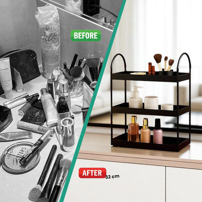 Image 5 of Go Hooked 3 Tier Curved Metal Vanity Organizer – 45cm Tall Countertop Storage Rack for Bathroom, Dressing Table & Desk | Powder Coated Rust-Resist Iron | Freestanding Space-Saving Shelf (Black)