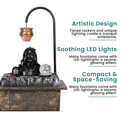 Image 3 of Go Hooked BIANCO Lord Shiva Table-Top Water Fountain with LED Crystal Ball & Real Copper Kalash Drip 19 Inch | Indoor Polyresin Waterfall for Home Décor, Meditation, Vastu & Gift Silent Electric Pump