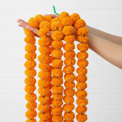 Image 1 of Default Title for the product Go Hooked Artificial Flowers | Marigold Fluffy Flowers | String Garlands | Special Occasion Decoration | Home Decor Party | Festival Theme Decorative | 5 Feet Each | Orange | Pack of 5