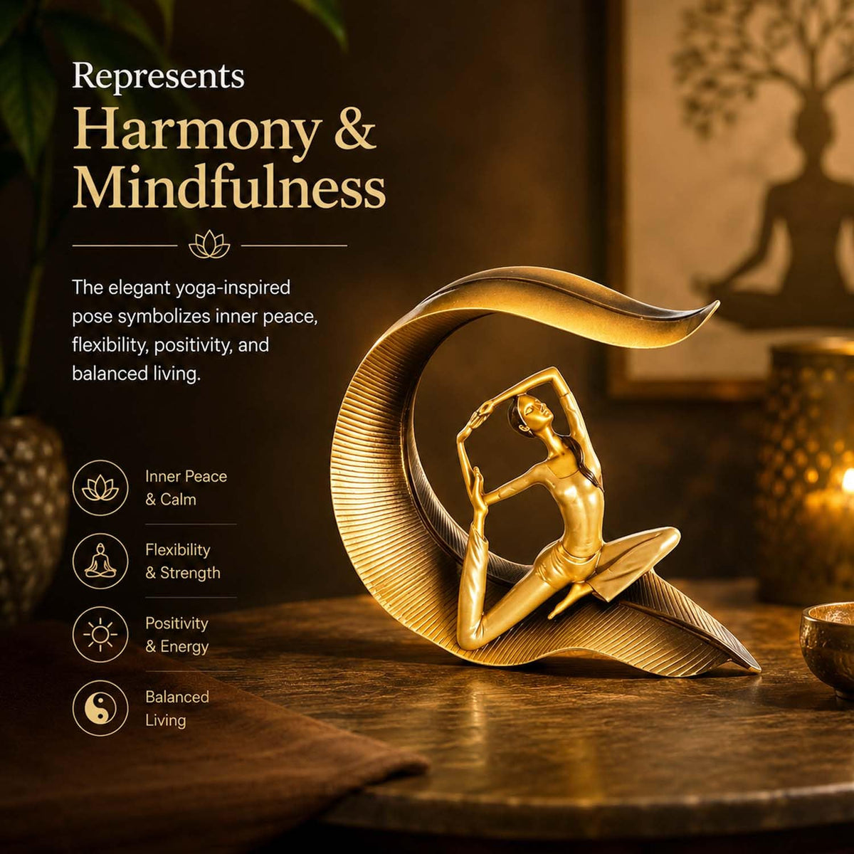Image 4 of Go Hooked Yoga Lady Statue Polyresin Meditating Woman Figurine for Home & Office Décor 22Cm | Elegant Yoga Showpiece | Zen Décor | Namaste Meditation Idol | Decorative Woman Statue (Gold)