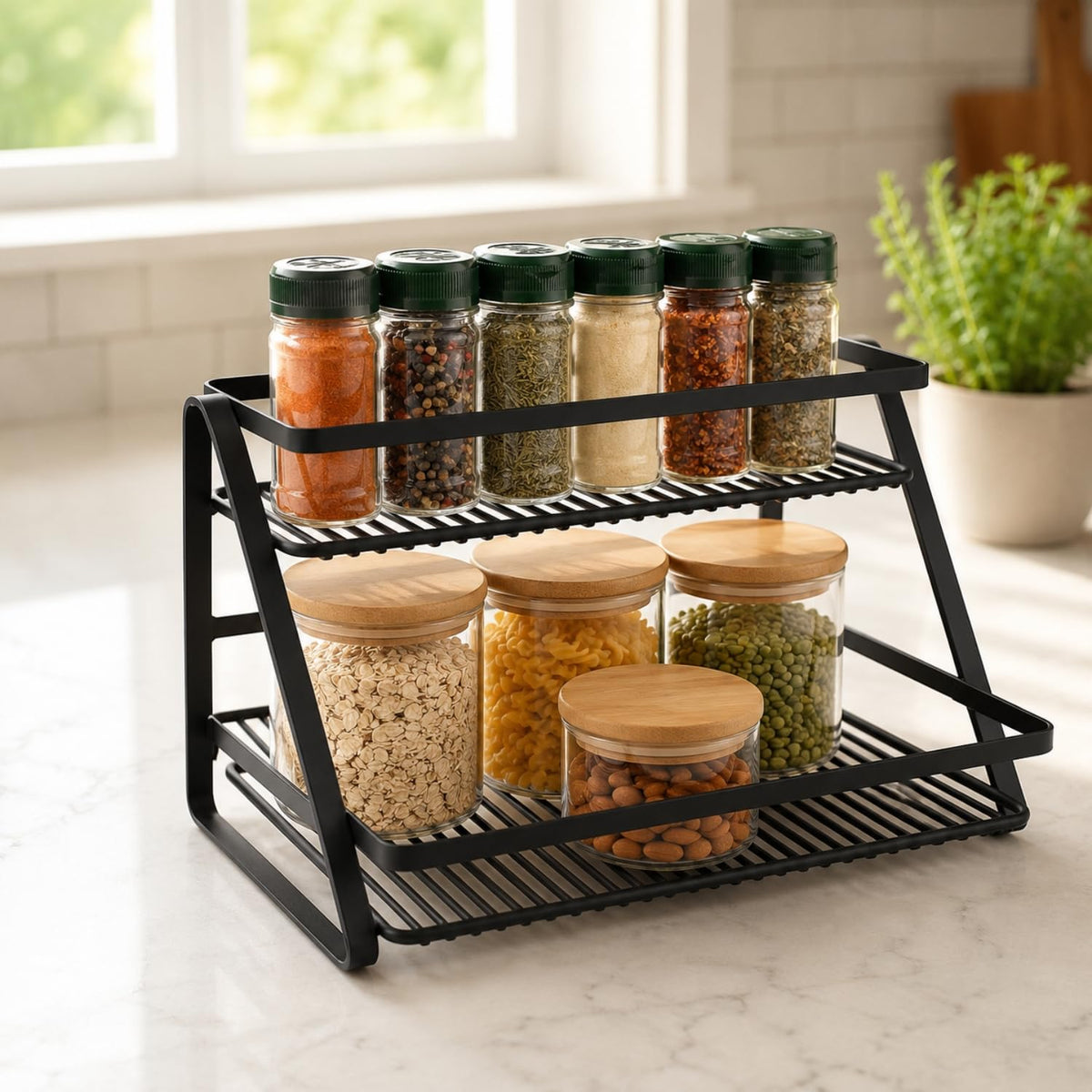 Image 1 of Default Title for the product Go Hooked 2 Tier Countertop Organizer Rack for Kitchen, Bathroom & Vanity | Metal Spice Rack for Countertop, Cabinet & Pantry | Makeup & Cosmetic Organizer | Coffee Bar & Desk Storage Stand