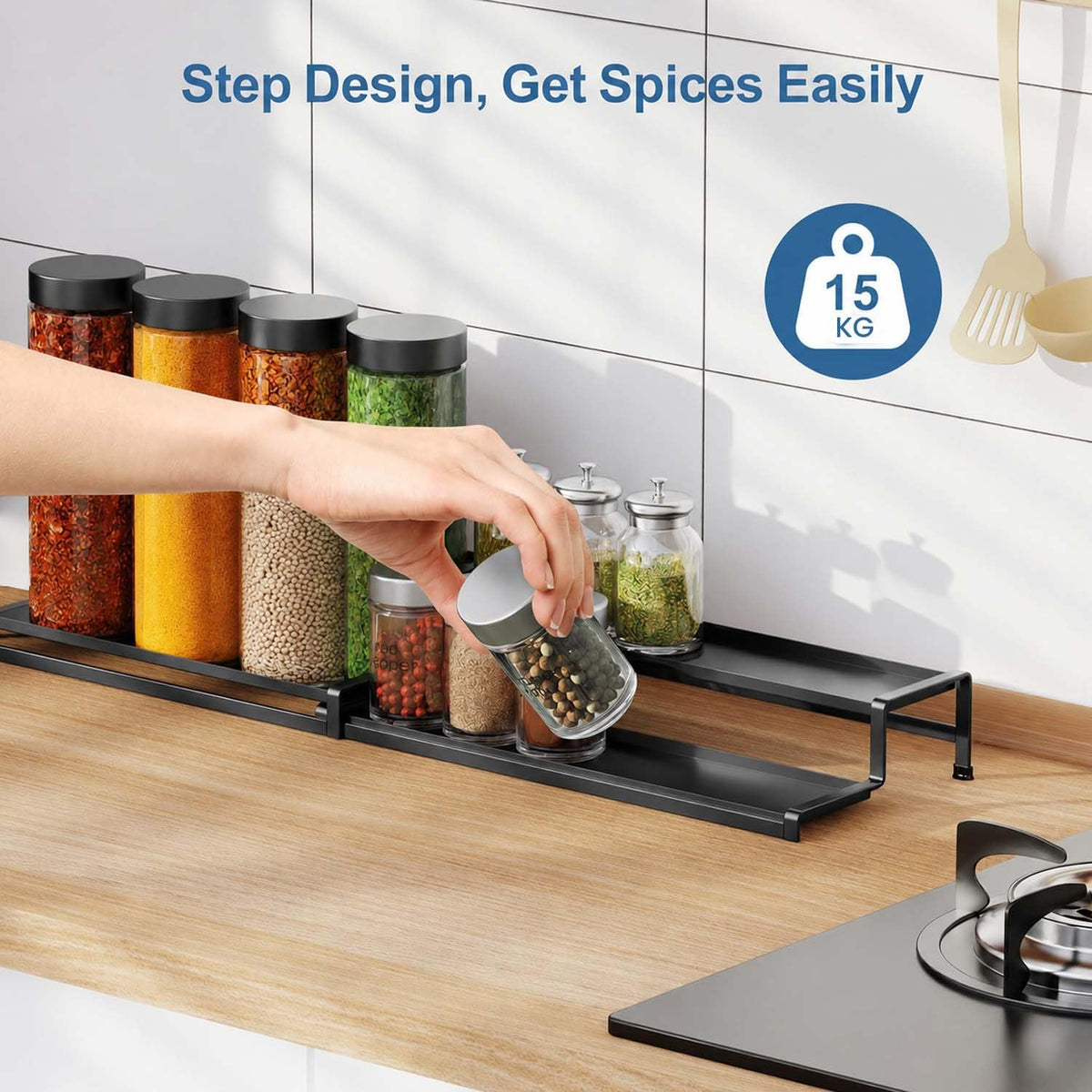 Image 5 of Go Hooked Spice Rack Organizer For Cabinet, 2 Tier Black Expandable Spice Rack for Pantry, Spice Organizer Display Shelf (14.5 to 27.3 inch)