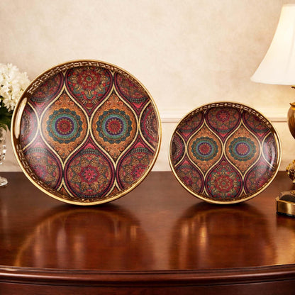 Image 1 of Default Title for the product Go Hooked Gold Metal Decorative Tray Set of 2 | Round Mandala Pattern Accent Trays for Home Décor, Festive Styling, Luxury Display for Living Room, Bedroom & Entryway (8/10 Inch)