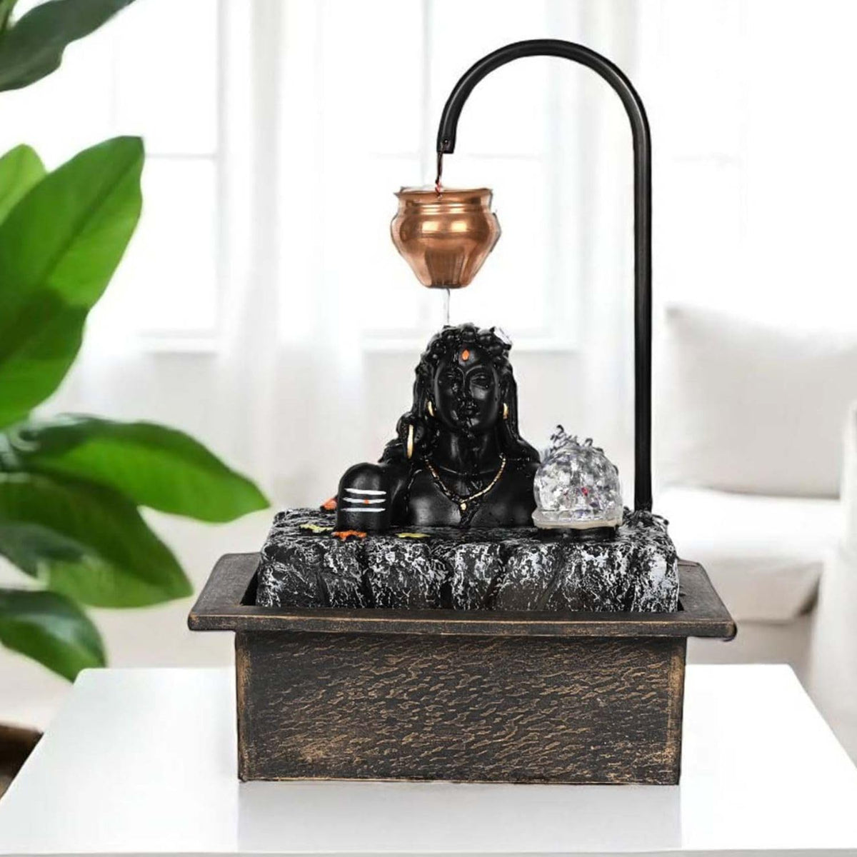 Image 2 of Go Hooked Lord Shiva Tabletop Water Fountain with LED Crystal Ball & Real Copper Kalash Drip 19 Inch | Indoor Polyresin Waterfall for Home Décor, Meditation, Vastu & Gift | Silent Electric Pump