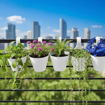 Image 1 of Default Title for the product Go Hooked Plastic Hanging Planter for Plants, Vertical Gardens, Modern Living, Greenery, Compact Living Spaces, Railing Flower Pots, Pot Diameter (22 cm), Pot Height (17 cm) (Set of 5) (White)