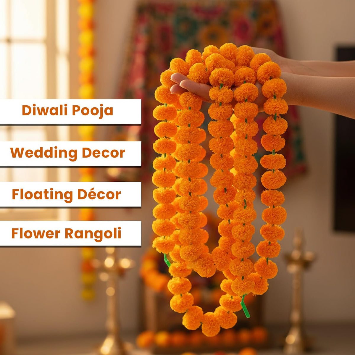 Image 2 of Go Hooked Artificial Flowers | Marigold Fluffy Flowers | String Garlands | Special Occasion Decoration | Home Decor Party | Festival Theme Decorative | 5 Feet Each | Orange | Pack of 5