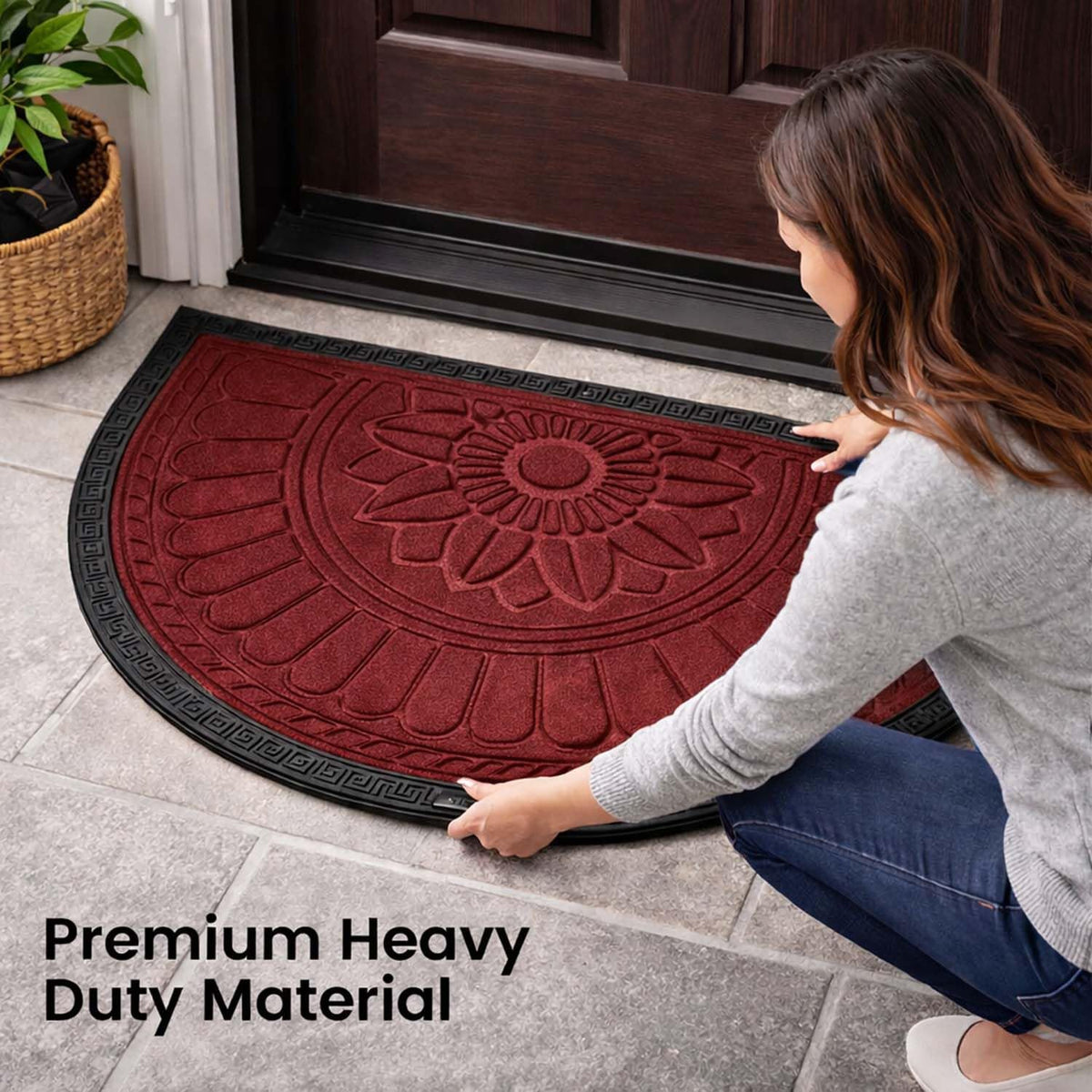 Image 4 of Go Hooked Rubber Half Circle Door Mat 70x44 cm | Anti Slip Waterproof Entrance Door Mat for Home & Office | Outdoor Semi Circle Main Door Floor Mat for Bathroom, Kitchen, Bedroom | Imperial Lotus Red