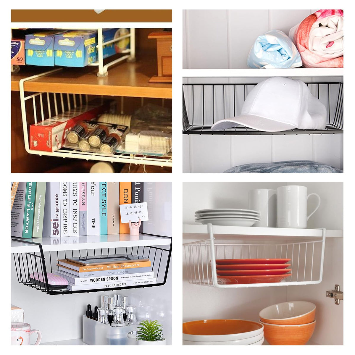 Image 6 of Go Hooked 16 Inch Undershelf Storage Basket Pack of 3 | Multipurpose Under Shelf Organizer | Hanging Wire Basket for Cabinet, Shelf, Pantry, Cupboard, Closet, Desk, and Bathroom (White)