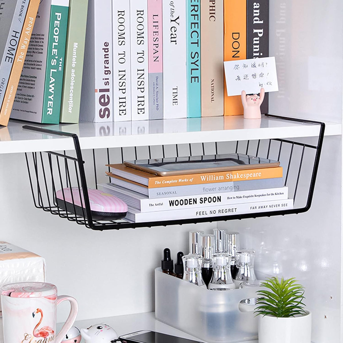 Image 2 of Go Hooked 12 Inch Undershelf Storage Basket Pack of 1 | Multipurpose Under Shelf Organizer | Hanging Wire Basket for Cabinet, Shelf, Pantry, Cupboard, Closet, Desk, and Bathroom (Black)