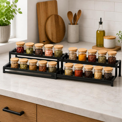 Image 2 of Default Title for the product Go Hooked Spice Rack Organizer For Cabinet, 2 Tier Black Expandable Spice Rack for Pantry, Spice Organizer Display Shelf (14.5 to 27.3 inch)