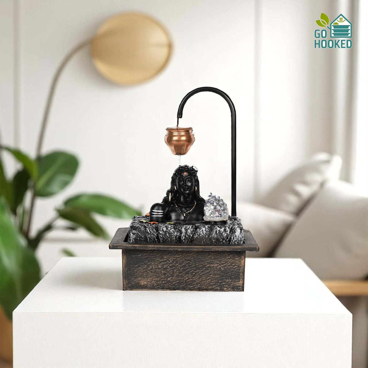 Image 3 of Go Hooked Lord Shiva Tabletop Water Fountain with LED Crystal Ball & Real Copper Kalash Drip 19 Inch | Indoor Polyresin Waterfall for Home Décor, Meditation, Vastu & Gift | Silent Electric Pump