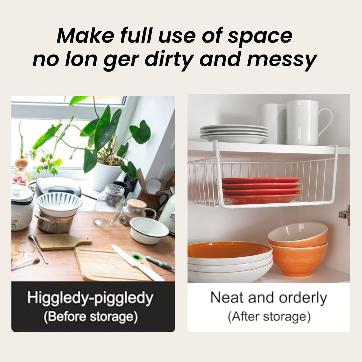 Image 3 of Go Hooked 16 Inch Undershelf Storage Basket Pack of 2 | Multipurpose Under Shelf Organizer | Hanging Wire Basket for Cabinet, Shelf, Pantry, Cupboard, Closet, Desk, and Bathroom (White)