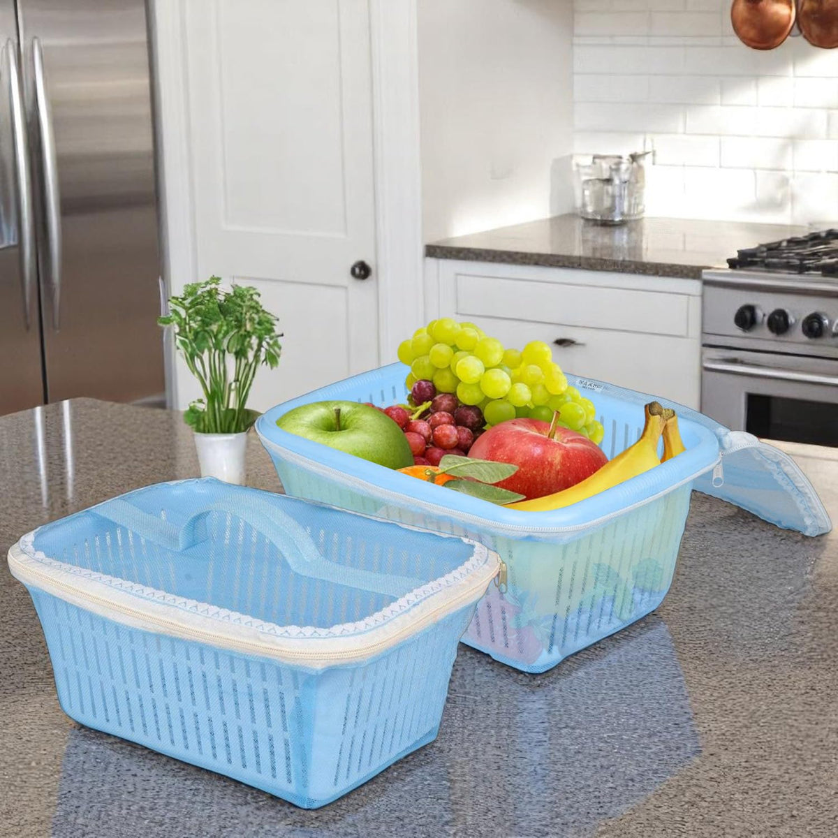 Image 1 of Default Title for the product Go Hooked Multipurpose Plastic Storage/Gift Basket With Net Cover | Stylish Basket With Zip Net Cover Versatile Practical Solutions Convenient Storage Maximize Space (Pack of 2 Blue).