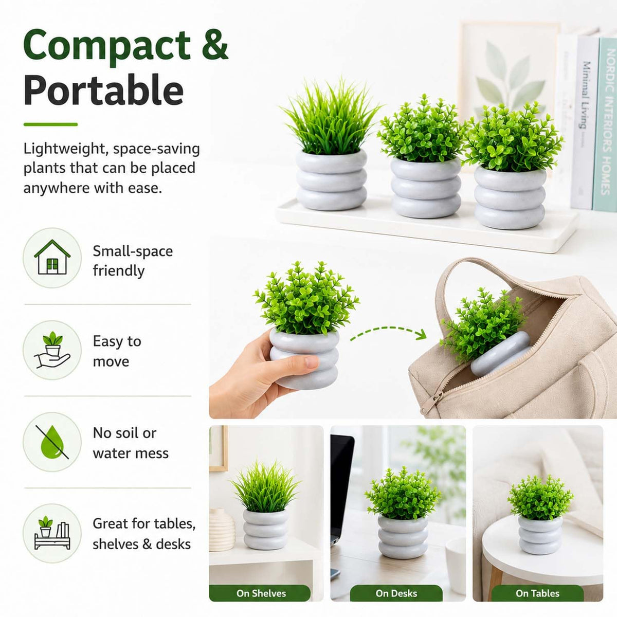 Image 5 of Go Hooked Artificial Mini Plant (7 Pack) | Small Faux Plants Home & Office Decor, Living Room, Bedroom, Tabletop & Shelves | Small Potted Plants | Stylish Round Pot (Assorted Mini Pots)