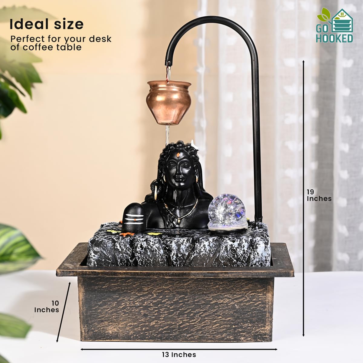 Image 5 of Go Hooked Lord Shiva Tabletop Water Fountain with LED Crystal Ball & Real Copper Kalash Drip 19 Inch | Indoor Polyresin Waterfall for Home Décor, Meditation, Vastu & Gift | Silent Electric Pump