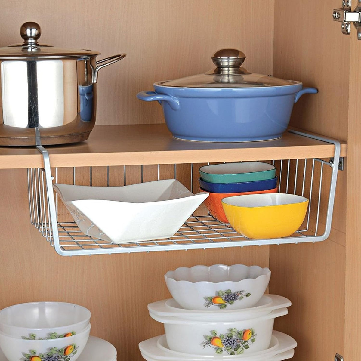 Image 2 of Go Hooked 16 Inch Undershelf Storage Basket Pack of 2 | Multipurpose Under Shelf Organizer | Hanging Wire Basket for Shelf, Cabinet, Pantry, Cupboard, Closet, Desk, and Bathroom (Silver)