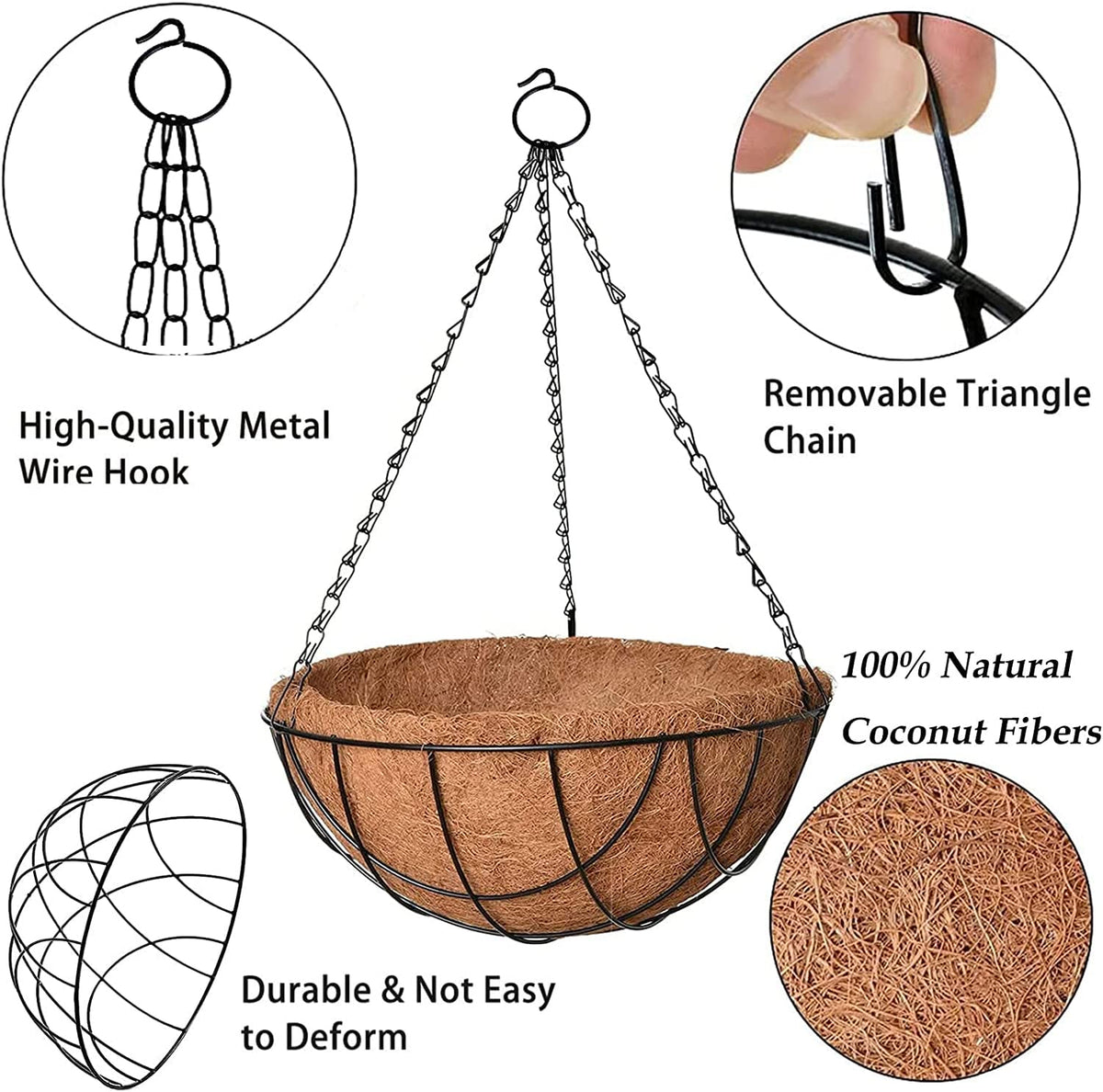 Image 2 of Go Hooked 8" Coir Hanging Basket/Coco Gardening Liner with Hanging Pots and Metal Hanging Chain/Hanging Planters- Set of 3 (Brown)