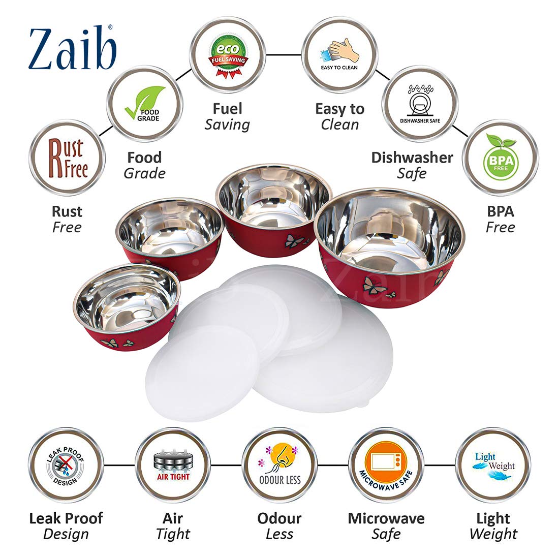 Image 3 of Zaib Microwave Safe Stainless Steel Food Storage Container with Lid|500ml, 800ml, 1250ml, 2000 ml | Reheatable (4 Red Butterfly)