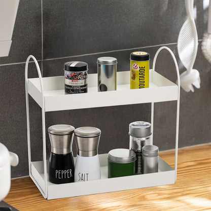 Image 4 of Go Hooked 2-Tier Standing Rack Bathroom Countertop Organizer Vanity Tray Cosmetic Makeup Storage Kitchen Spice Rack Standing Shelf (White, Metal, Pack of 1)