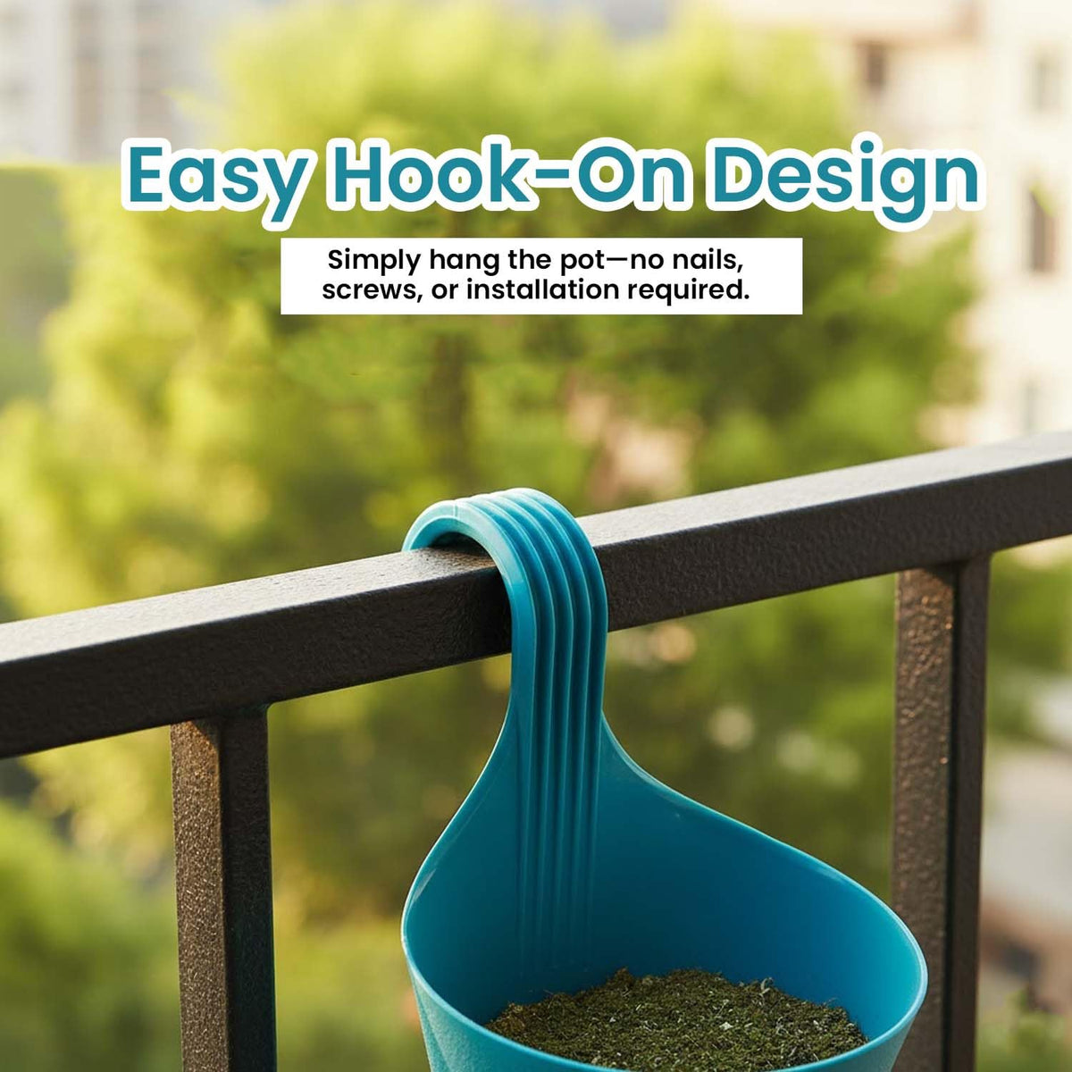 Image 3 of Go Hooked Plastic Hanging Planter for Plants, Railing Flower Pots, Pot Diameter (22 cm), Pot Height (17 cm) (Set of 3)(Blue)