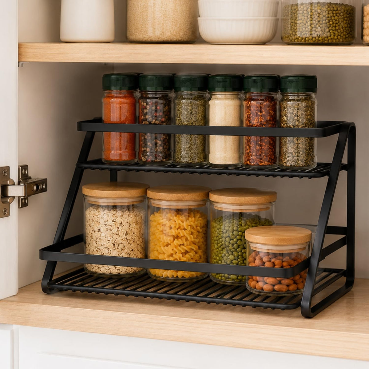Image 4 of Go Hooked 2 Tier Countertop Organizer Rack for Kitchen, Bathroom & Vanity | Metal Spice Rack for Countertop, Cabinet & Pantry | Makeup & Cosmetic Organizer | Coffee Bar & Desk Storage Stand
