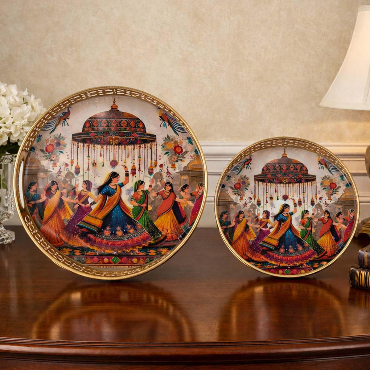 Image 1 of Default Title for the product Go Hooked Decorative Metal Tray Set of 2 with Traditional Indian Folk Dance Artwork | Round Gold Finish Accent Trays for Home Décor, Festive Decoration & Ethnic Luxury Display (8/10 Inch)