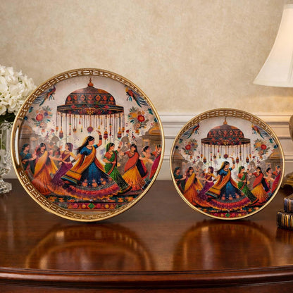 Image 1 of Default Title for the product Go Hooked Decorative Metal Tray Set of 2 with Traditional Indian Folk Dance Artwork | Round Gold Finish Accent Trays for Home Décor, Festive Decoration & Ethnic Luxury Display (8/10 Inch)