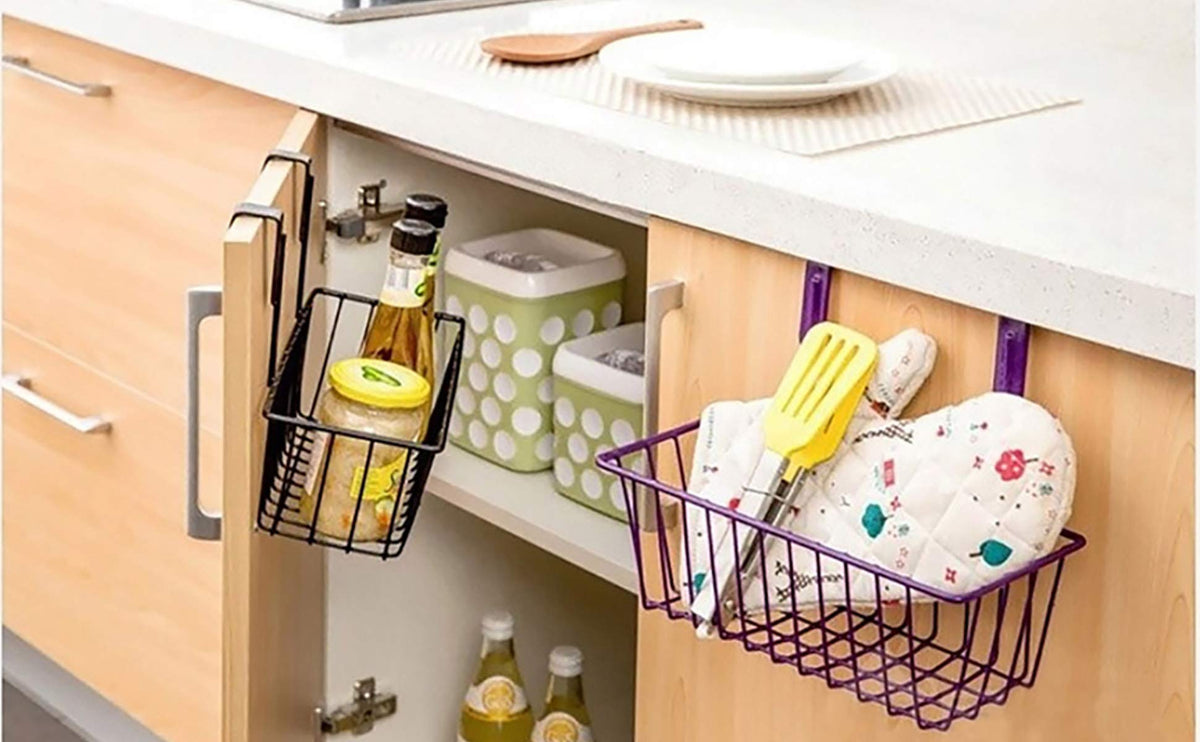 Image 5 of Go Hooked Over Cabinet Door Organizer Metal Hanging Storage Basket 28cm | Under Shelf Cabinet Organizer for Kitchen, Pantry, Bathroom & Sink Cabinet, Heavy Duty Space Saving Wire Rack (Black)