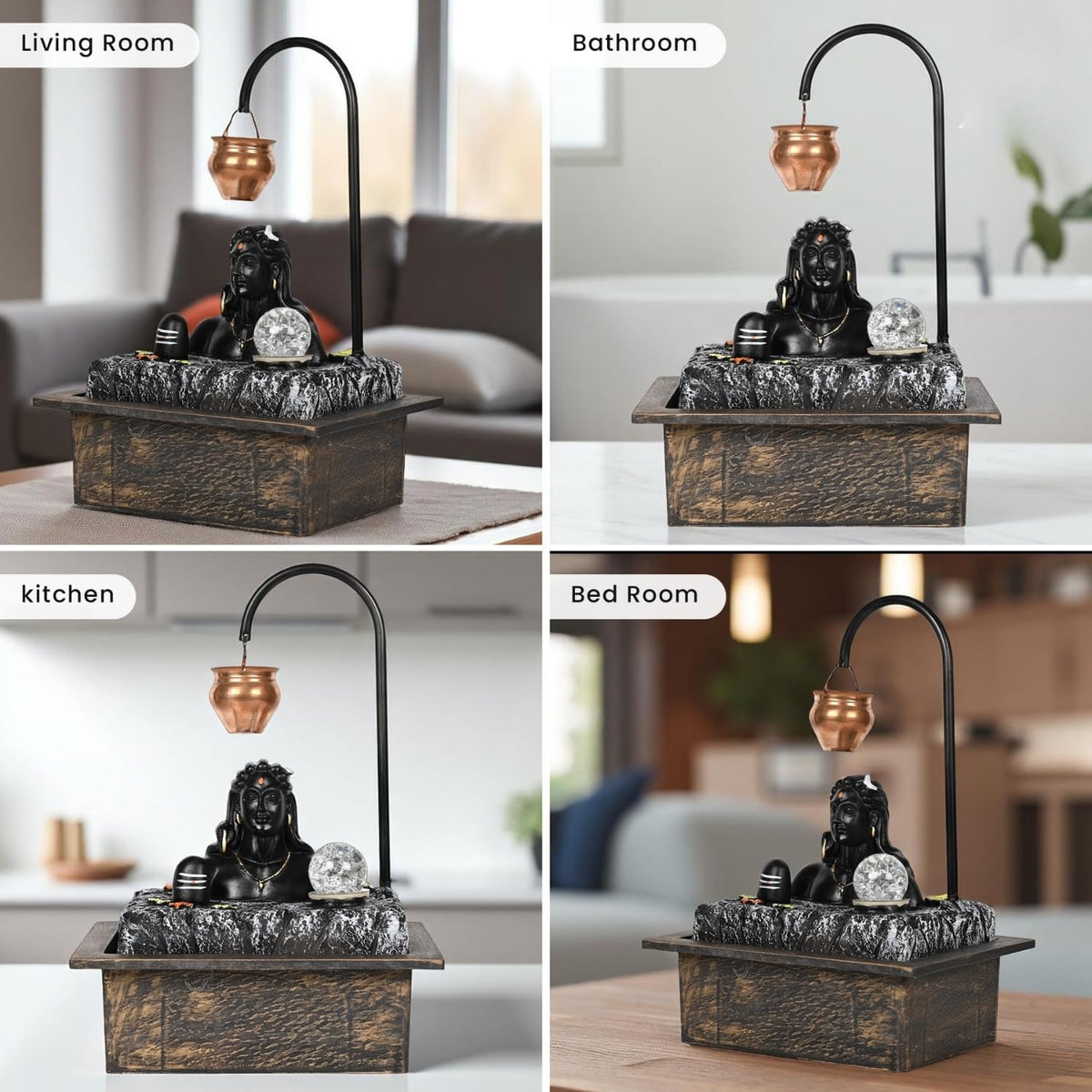 Image 4 of Go Hooked BIANCO Lord Shiva Table-Top Water Fountain with LED Crystal Ball & Real Copper Kalash Drip 19 Inch | Indoor Polyresin Waterfall for Home Décor, Meditation, Vastu & Gift Silent Electric Pump