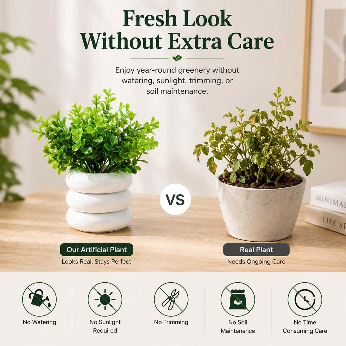 Image 3 of Go Hooked Artificial Mini Plant (6 Pack) | Small Faux Plants Home & Office Decor, Living Room, Bedroom, Tabletop & Shelves | Small Potted Plants | Stylish Round Pot