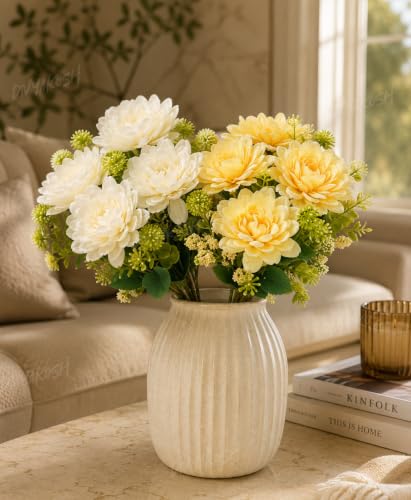 Image 1 of Default Title for the product Divyakosh Artificial Flower Bunch Set of 2 (Vase Not Included) | White + Peach | 8 Large Flowers, 8 Filler Stems | 35 cm Decorative Artificial Flowers for Home, Living Room & Table Decor
