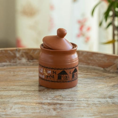 Image 1 of Default Title for the product ExclusiveLane Warli Village Tales Handcrafted Ceramic Pickle Jar With Lid 250 ML