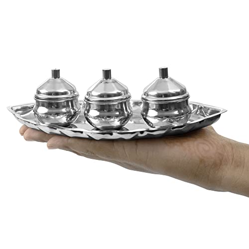 Image 5 of Spillbox Traditional Handcrafted Stainless Steel Thali Kumkum Holder Stand Plate Oval 3 Bowl-Small Leaf- Silver